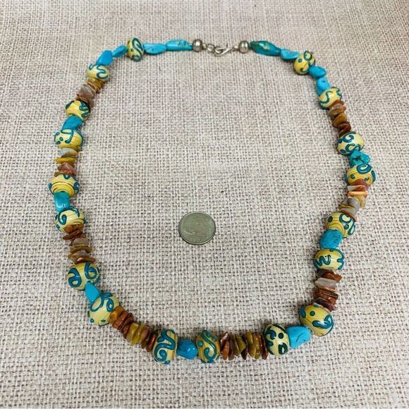 Jasper Chip Turquoise Lamp work Art Glass Beaded Necklace - Picture 1 of 3